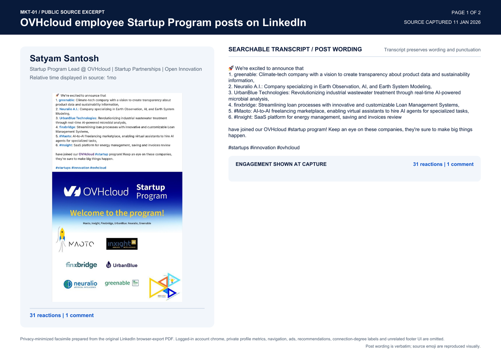 Publication-safe facsimile of an OVHcloud Startup Program lead's LinkedIn post naming UrbanBlue