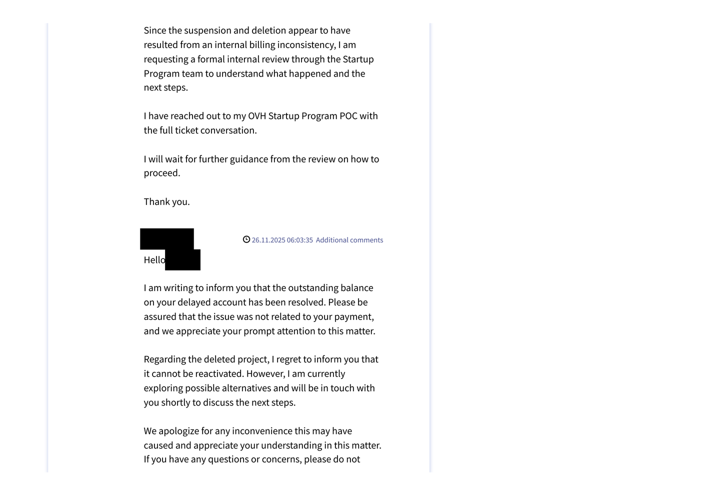 Redacted facsimile of the OVHcloud support ticket page containing the statement that the issue was not related to payment